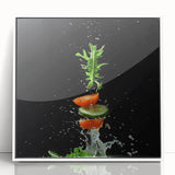 Art deco poster of assorted fruits in vibrant colors, framed acrylic, ideal for modern kitchen decor.