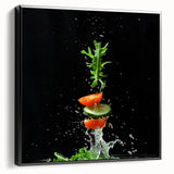 Black and white vintage poster art of assorted fruits on framed canvas, ideal for bedroom wall decor.