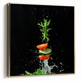 Framed canvas featuring a vintage poster art of colorful fruits against a black background, suitable for bedroom decor.