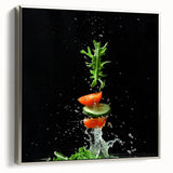 Framed canvas of vintage poster art featuring colorful fruits and vegetables on a black background.