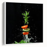 Vintage poster art of colorful fruits on a white framed canvas, ideal for extra large living room wall decor.