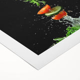 Art deco poster featuring assorted fruits in bold colors on rolled canvas, suitable for dining room or kitchen decor.