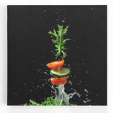 Black and white stretched canvas featuring an assortment of fruits, ideal for kitchen wall art.
