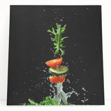 Large black and white wall art on canvas depicting assorted fruits, suitable for kitchen decor.