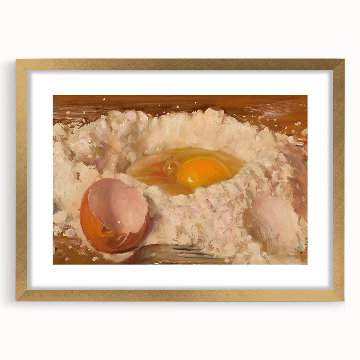 Extra large wall art featuring an abstract design of pastries in textured gold and brown tones, framed with a mat.