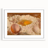 Abstract art print of assorted pastries in soft pastel shades, framed with a white mat, ideal for dining room decor.