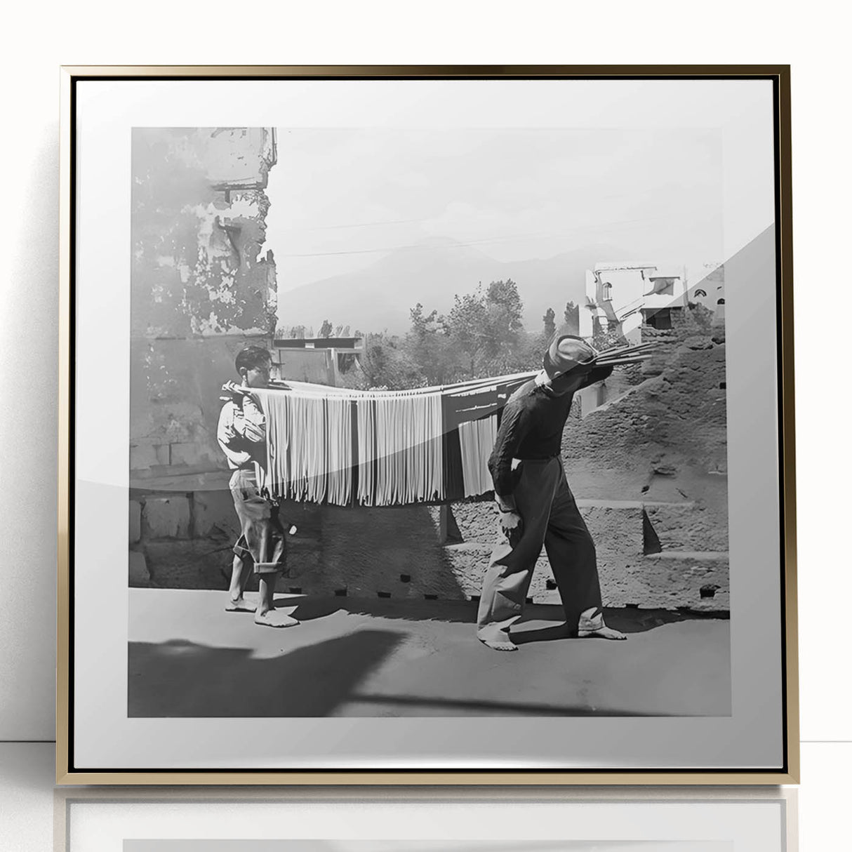 Large acrylic print of a mid-century modernist food and people scene in gold tones, ideal for modern kitchen decor.