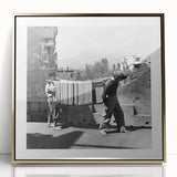 Large acrylic print of a mid-century modernist food and people scene in gold tones, ideal for modern kitchen decor.