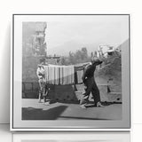 Art deco poster featuring a stylized depiction of people dining, in muted earth tones on a white acrylic framed print.