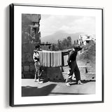 Framed canvas depicting a vintage poster of a landscape painting in muted earth tones, ideal for bedroom wall art.