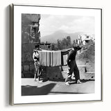 Landscape art painting featuring a vintage poster style depiction of colorful food and people on a black framed canvas.