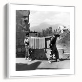 Vintage poster art on framed canvas, featuring colorful, stylized food and people graphics, set against a black background.