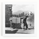 Black and white large art print on canvas featuring a bustling market scene, suitable as kitchen wall art.