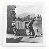 Large black and white stretched canvas featuring a bustling food market scene, ideal for kitchen wall art.