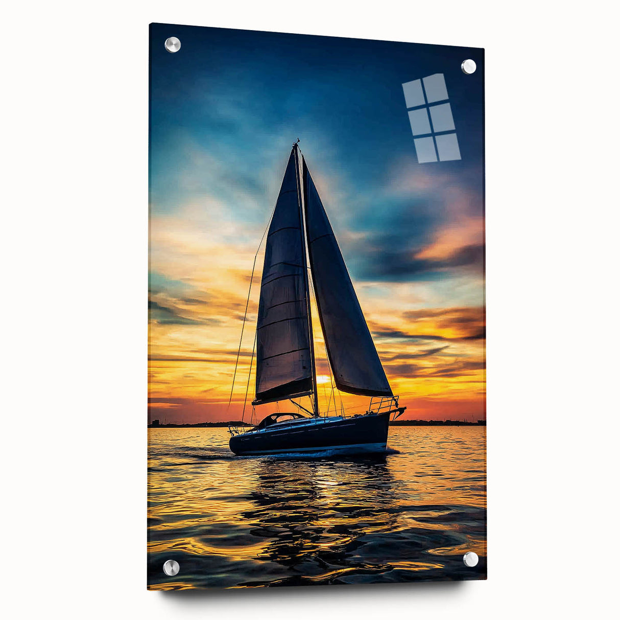 Landscape acrylic glass art piece showcasing a vibrant abstract design, displayed from a side view with decorative pins, ideal for modern home decor.