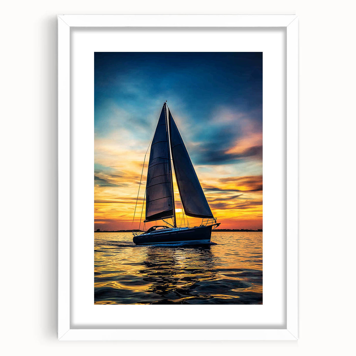 White landscape frame with a mat showcasing a vibrant abstract artwork, perfect for home décor, emphasizing modern aesthetics and elegance in interior design.