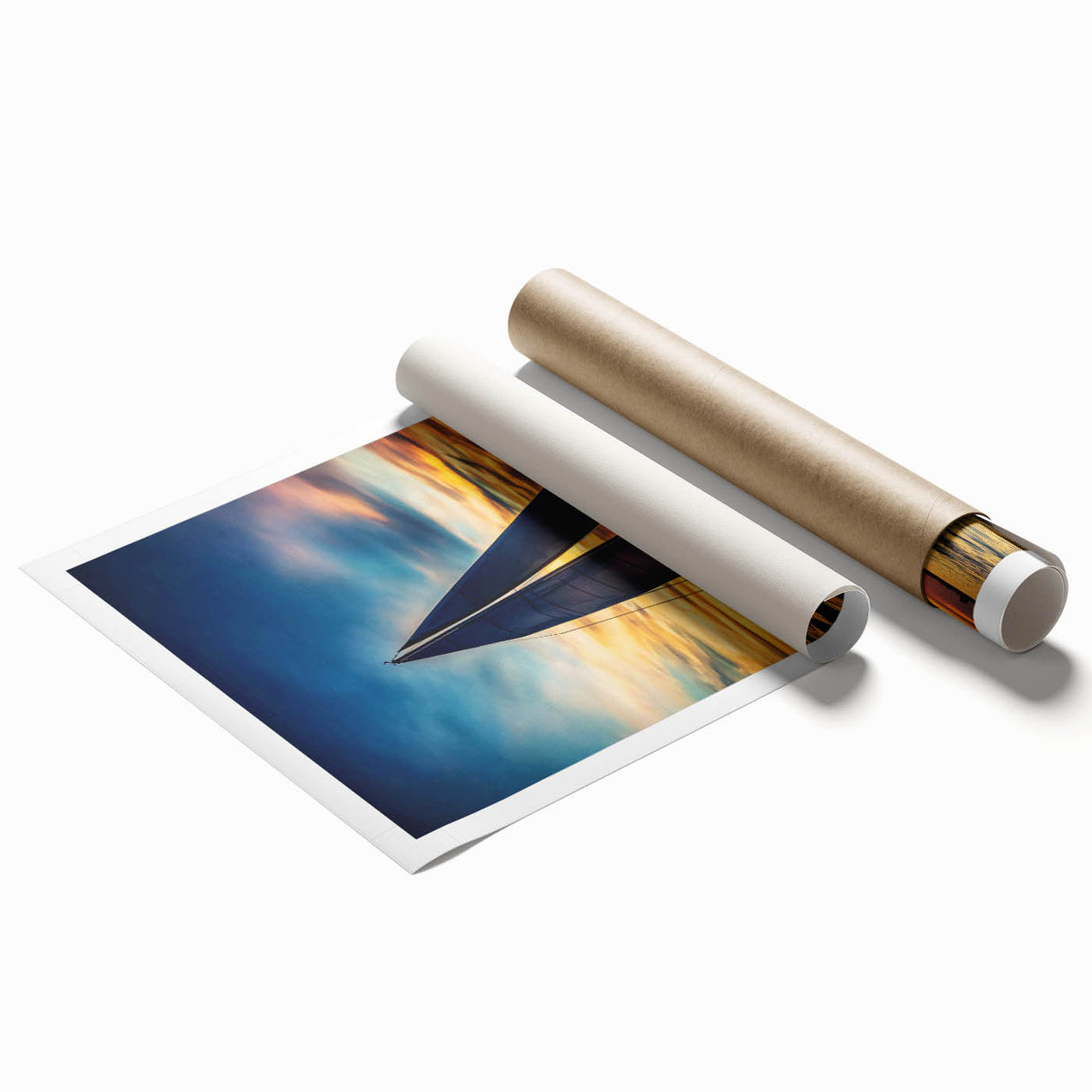 Rolled landscape print showcasing vibrant African-inspired wall art with intricate details, presented in a protective cardboard tube for safe shipping.