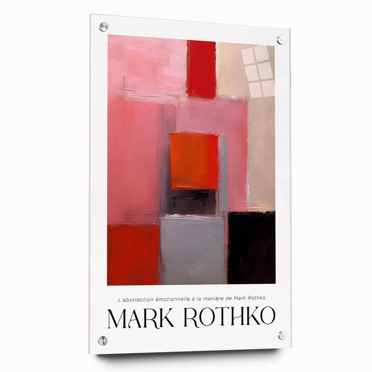 Large abstract wall art in vibrant red and orange tones on acrylic glass, ideal for modern bedroom or dining room decor.