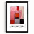 Extra large abstract art print with vibrant red and orange hues on textured canvas, framed in black.