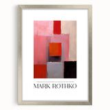 Textured abstract art print in red and orange tones, framed in silver, ideal for modern bedroom ambiance.