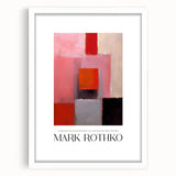 Abstract art print featuring Rothko-inspired blocks of red and orange on a white framed canvas.