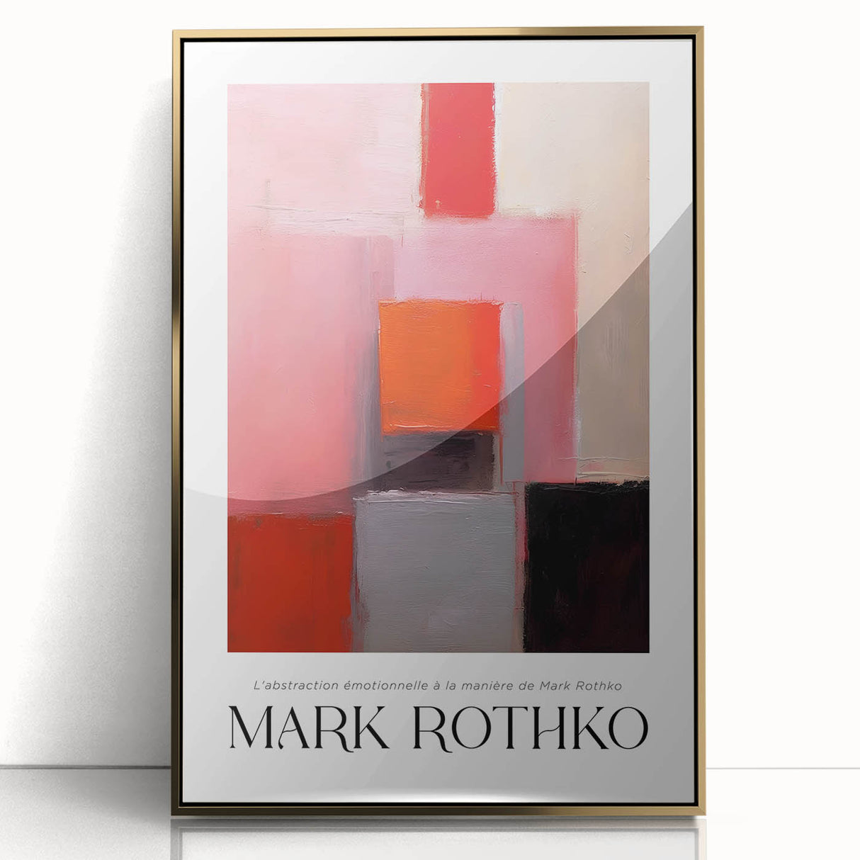 Large art print of a mid-century modernist abstract design in muted blues and oranges on framed acrylic.