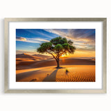 Abstract art print of Algerian scenery in muted earth tones on a framed silver mat, suitable for dining room decor.