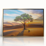 Mid-century modernist art depicting Algerian scenery in muted earth tones on a framed acrylic, suitable for nursery wall art.