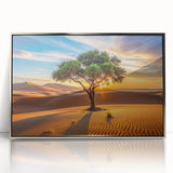 Acrylic print of an Algerian landscape in art deco style with silver frame, featuring soft earth tones.