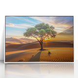 Large art print of an Algerian landscape in mid-century modernist style, with muted earth tones on a framed acrylic.