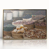 Mid-century modernist art featuring an abstract Egyptian landscape in gold and blue tones on a framed acrylic print.