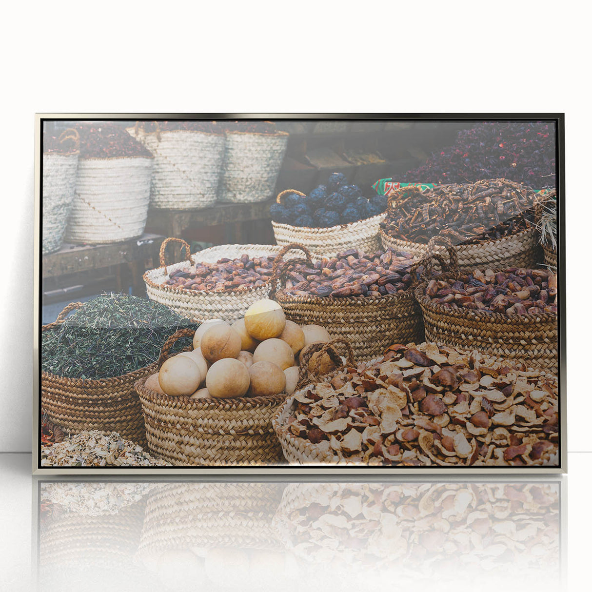 Art deco poster featuring an Egyptian landscape with muted earth tones on a framed acrylic print.