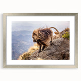 Abstract art print depicting a serene Ethiopian landscape in muted earth tones, framed in silver.