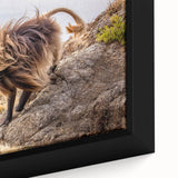 Close-up of textured black wall art featuring a vibrant African scenery on a framed canvas, suitable for living room decor.