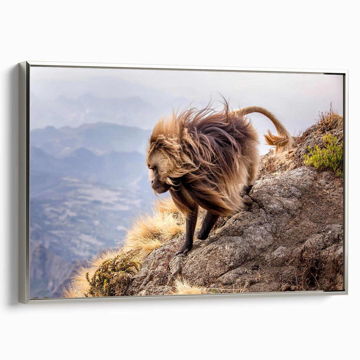 Vintage poster art of an Ethiopian landscape on framed canvas, featuring vibrant earth tones, ideal for living room decor.