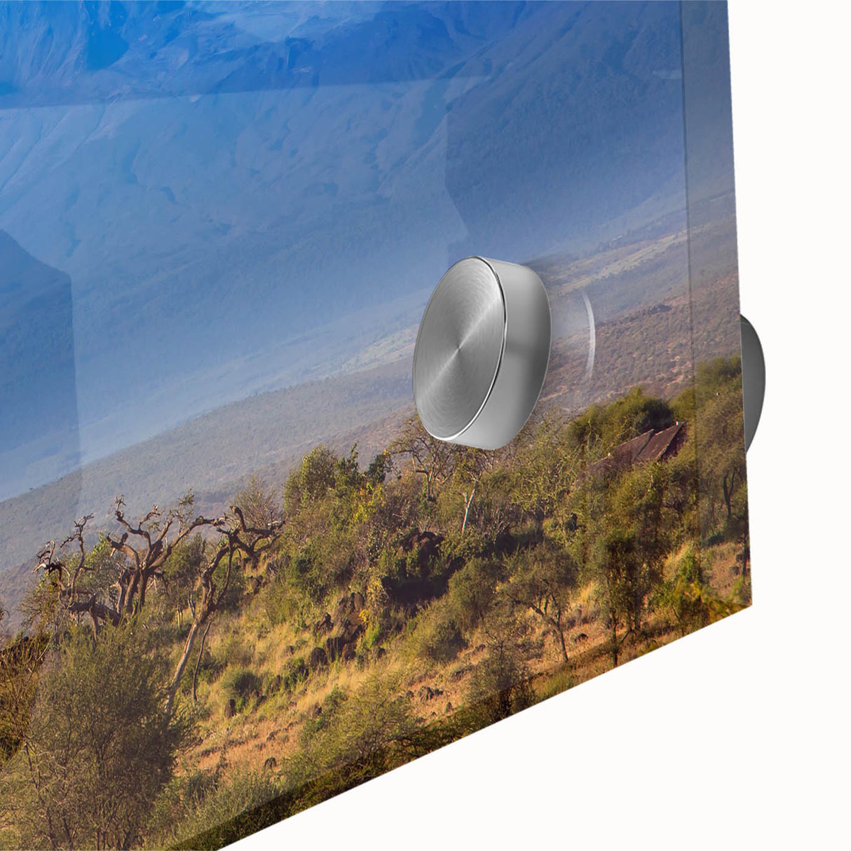 Large abstract wall art depicting Kenyan scenery in earth tones on acrylic glass, suitable for dining room ambiance.