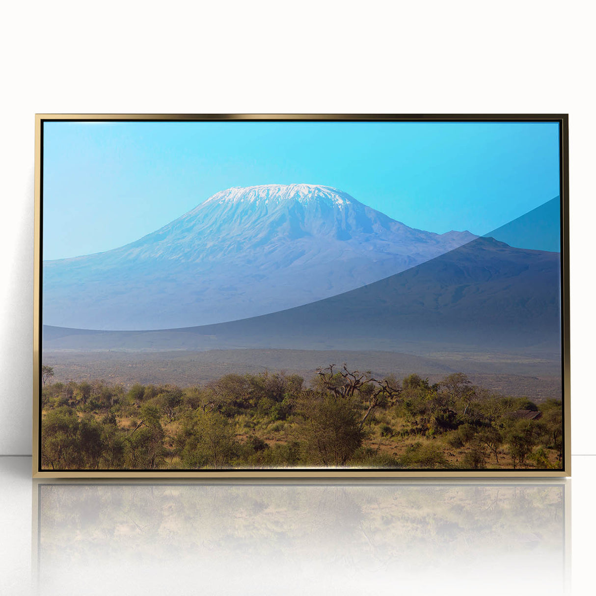 Mid-century modernist art depicting a Kenyan landscape with muted earth tones on a framed acrylic panel.