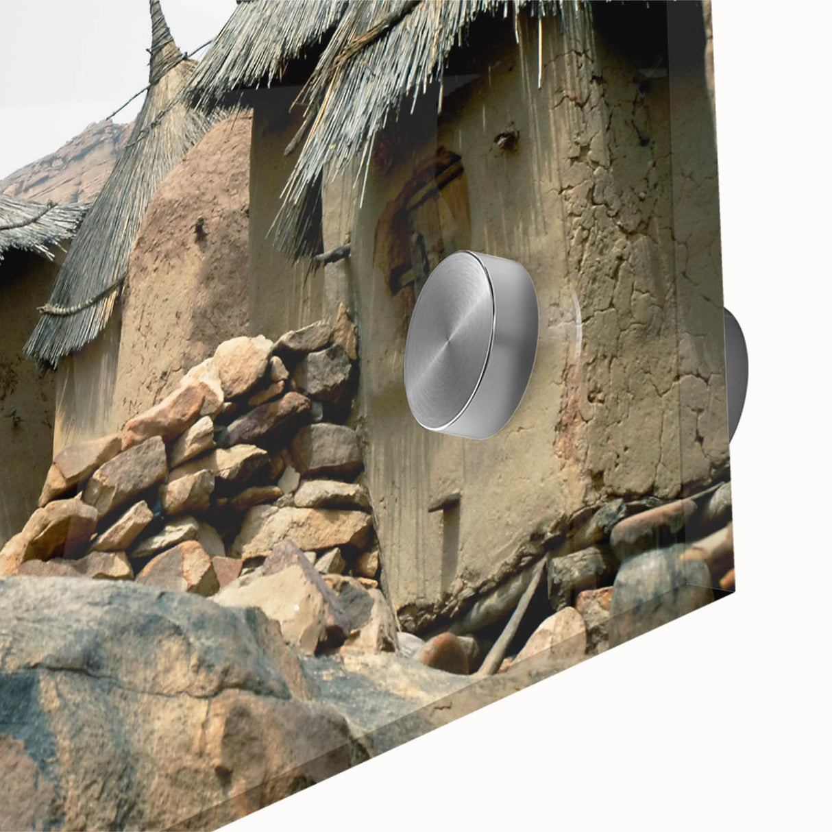 Large abstract wall art depicting a Mali scenery in muted earth tones on acrylic glass, suitable for dining room ambiance.