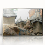 Art Deco poster of Mali scenery in muted earth tones, acrylic print in silver frame, suitable for modern art wall decor.