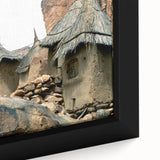 Extra large framed canvas featuring a textured depiction of a Mali landscape in black with vibrant colorful accents.