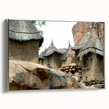 Vintage poster art of a Mali scenery in vibrant colors on a silver-framed canvas, ideal for living room decor.