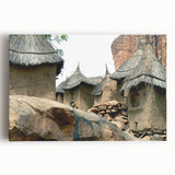 Large black and white stretched canvas of a Mali scenery, ideal for kitchen wall art.