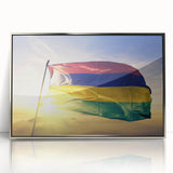 Framed acrylic print of a Mauritian landscape in art deco style, featuring muted blue and green tones.