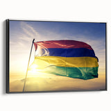 Black and white framed canvas depicting a vintage-style Mauritius landscape, ideal for bedroom wall art.