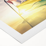 Art deco poster featuring a scenic Mauritius landscape in muted blues and greens on rolled canvas.