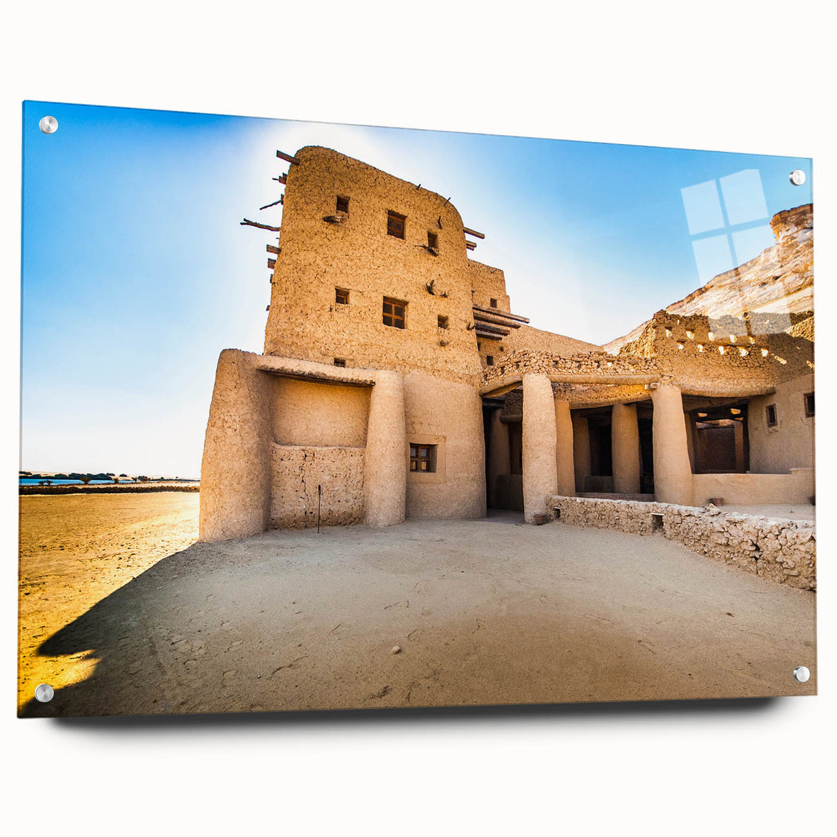 Acrylic print of a Moroccan landscape in earth tones, ideal for dining room decor.