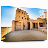 Acrylic print of a Moroccan landscape in earth tones, ideal for dining room decor.