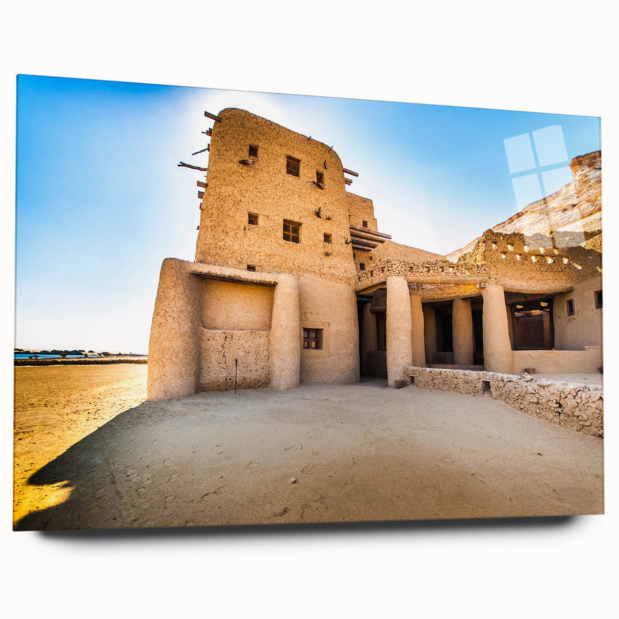 Large abstract wall art featuring a Moroccan landscape in earthy tones on acrylic glass.