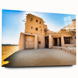 Large abstract wall art featuring a Moroccan landscape in earthy tones on acrylic glass.