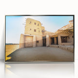 Acrylic print of a Moroccan landscape in art deco style, featuring silver frame, ideal for modern art wall decor.